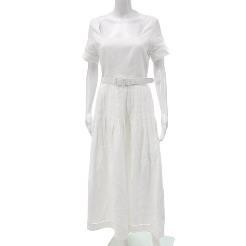 Paola Zuin Womens White Linen Shift Dress Short Sleeve Mid Calf Size 40